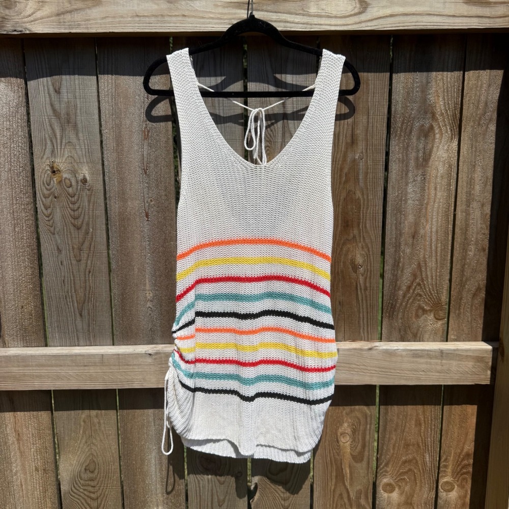 White Knit Striped Swim Cover Sleeveless V-Neck Ruched Side Cinch Summer Sweater